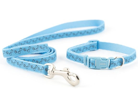 Small Bite Paw & Bone Puppy Collar & Lead Blue