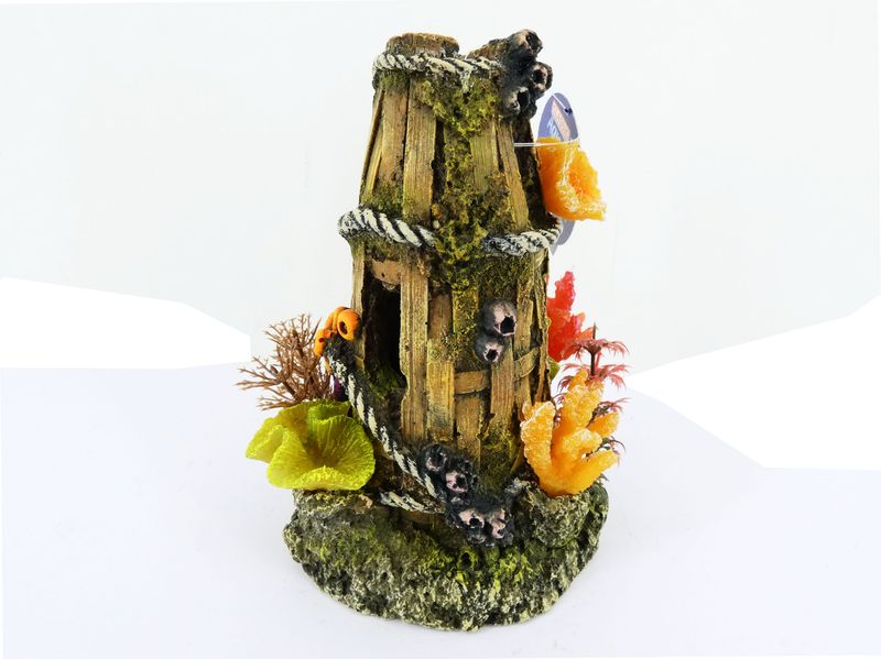 WOODEN BASKET WITH PLANTS/CORAL 140MM