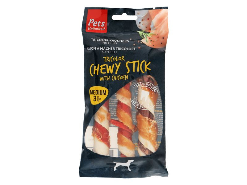 Pets Unlimited Tricolour Chicken Sticks Medium 3pk