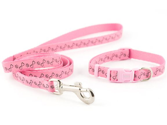 Small Bite Paw & Bone Puppy Collar & Lead Pink