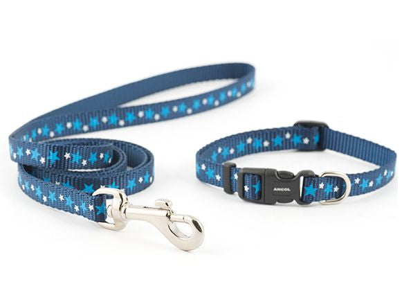 Small Bite Stars Puppy Collar & Lead Blue