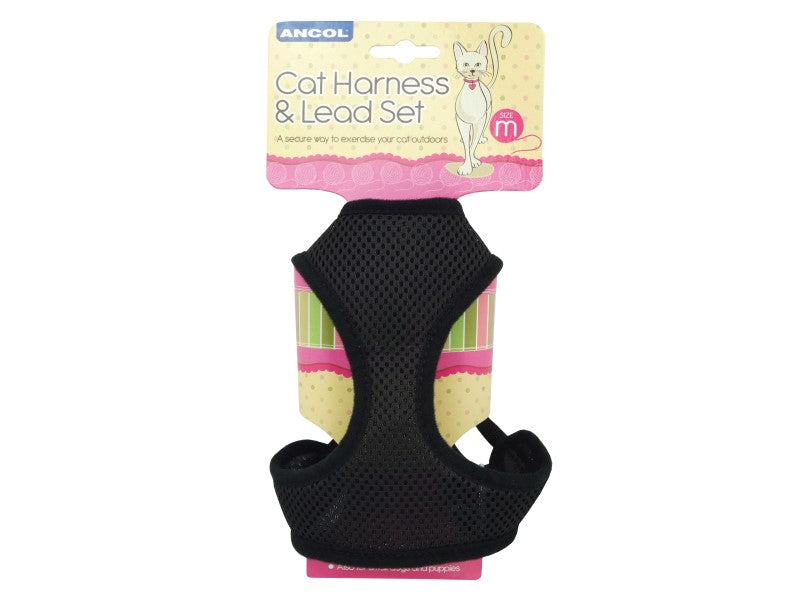 cat harness & lead set black medium