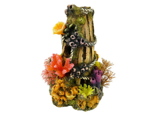 WOODEN BASKET WITH PLANTS/CORAL 140MM